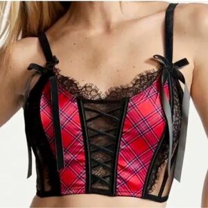 Victoria Secret Dream Angels Plaid Velvet Lace Bustier Corset Top Boned Small DD